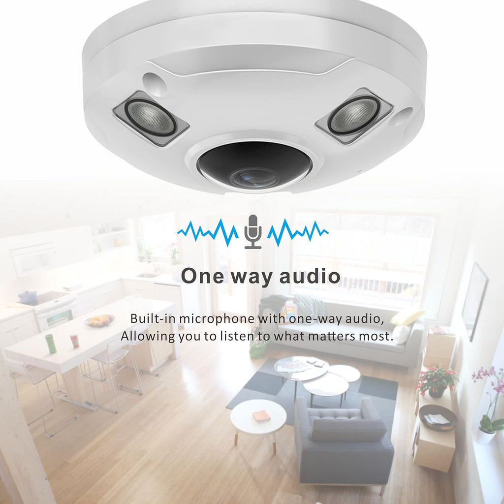 5MP POE IP Fisheye Camera, 1.44mm Lens 360° Viewing Angle Metal Panorama Camera, Mic. Audio in, 48ft Infrared Night Vision, Motion Detection, WDR, IP66 Water-Proof Indoor&Outdoor