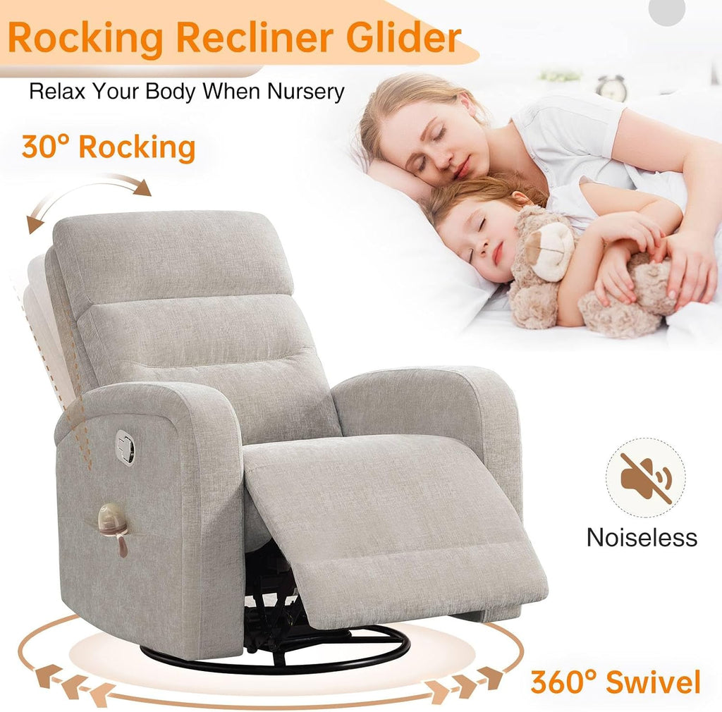 Swivel Rocker Recliner Glider Rocking Chair for Nursery, Manual Swivel Recliner Chair for Living Room, Camel Nursery Rocking Chair Recliner, Chenille Fabric