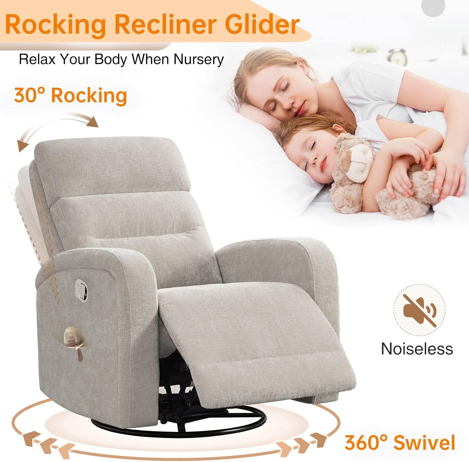 Swivel Rocker Recliner Glider Rocking Chair for Nursery, Manual Swivel Recliner Chair for Living Room, Camel Nursery Rocking Chair Recliner, Chenille Fabric