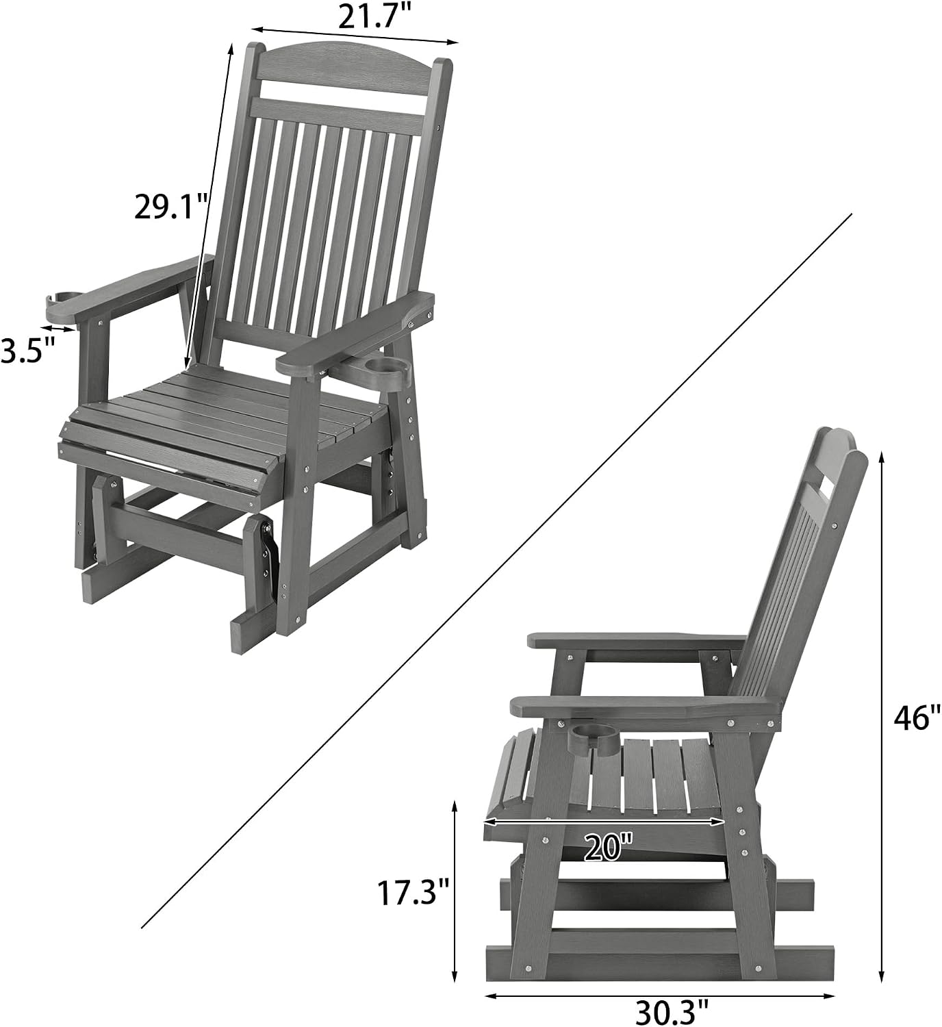 Poly Lumber Patio Glider for One Person, with Cup Holders, High Backrest and Deep Contoured Seat, HIPS Material, All-Weather Resistant, Heavy Duty 700 LBS (Gray)
