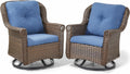 Patio Chairs Outdoor Swivel Glider - Set of 2 High Back Outside Brown Wicker Rattan Rocking Chair with Thick Cushion for Porch Apartment Deck Yard Poolside Garden - Navy Blue