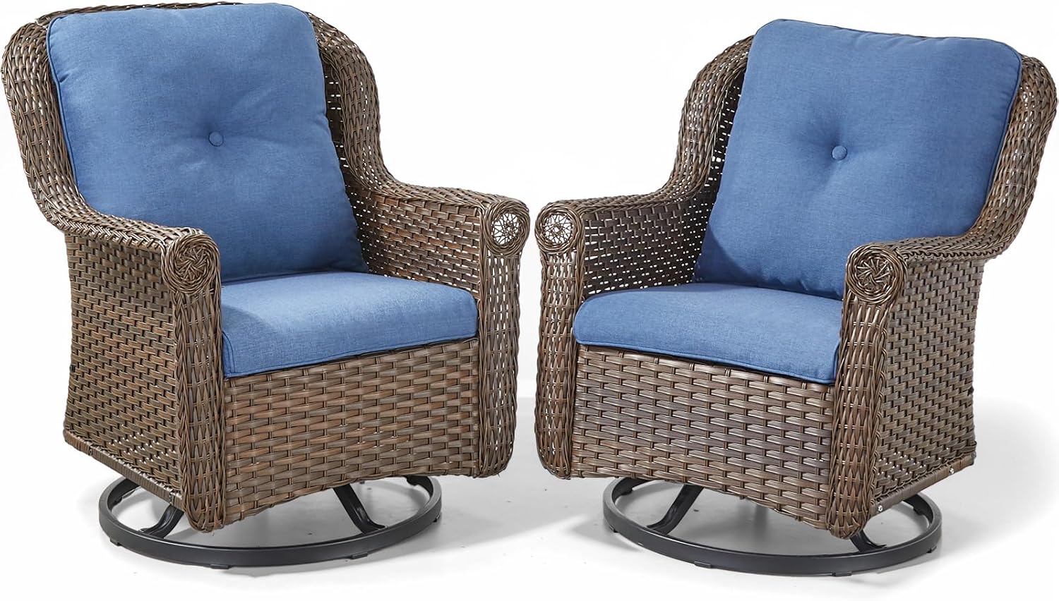 Patio Chairs Outdoor Swivel Glider - Set of 2 High Back Outside Brown Wicker Rattan Rocking Chair with Thick Cushion for Porch Apartment Deck Yard Poolside Garden - Navy Blue