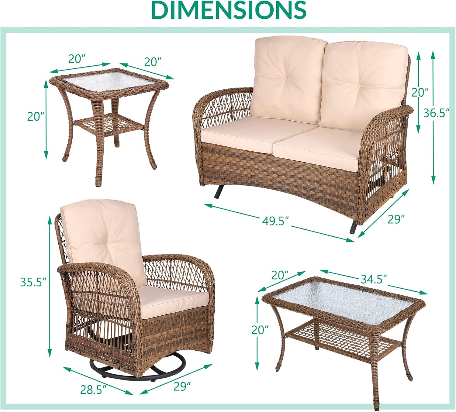 VIVIJASON 5-Piece Outdoor Patio Wicker Conversation Sets, All Weather Outdoor Rattan Furniture Set Includes Glider Loveseat, 2 Coffee Table, 2 Swivel-Gliders Chairs with Cushions, Light Brown