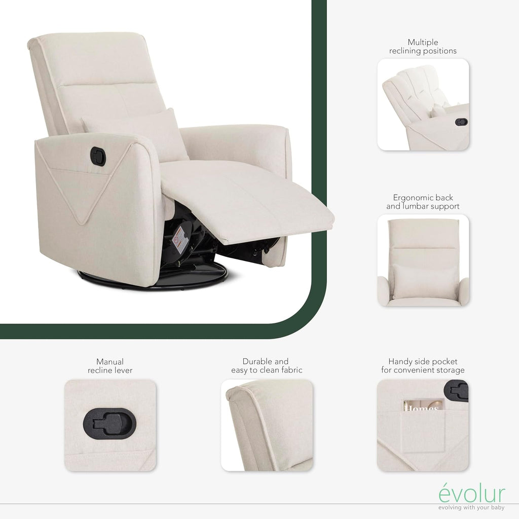 Evolur Sylas Nursery Glider Chair in Light Sand - Manual Recliner with 360° Swivel, Lumbar Support, Tufted Back & Side Pockets - Modern Rocking Chair for Baby Room, Nursery & Living Room