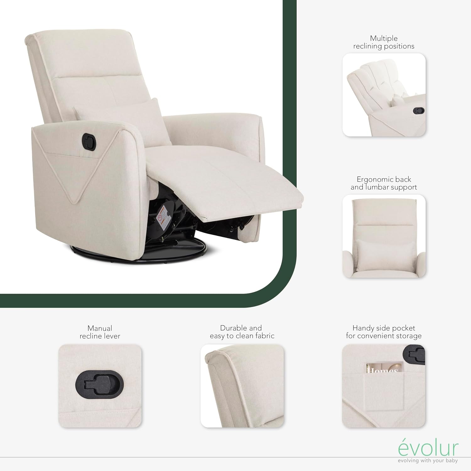 Evolur Sylas Nursery Glider Chair in Light Sand - Manual Recliner with 360° Swivel, Lumbar Support, Tufted Back & Side Pockets - Modern Rocking Chair for Baby Room, Nursery & Living Room