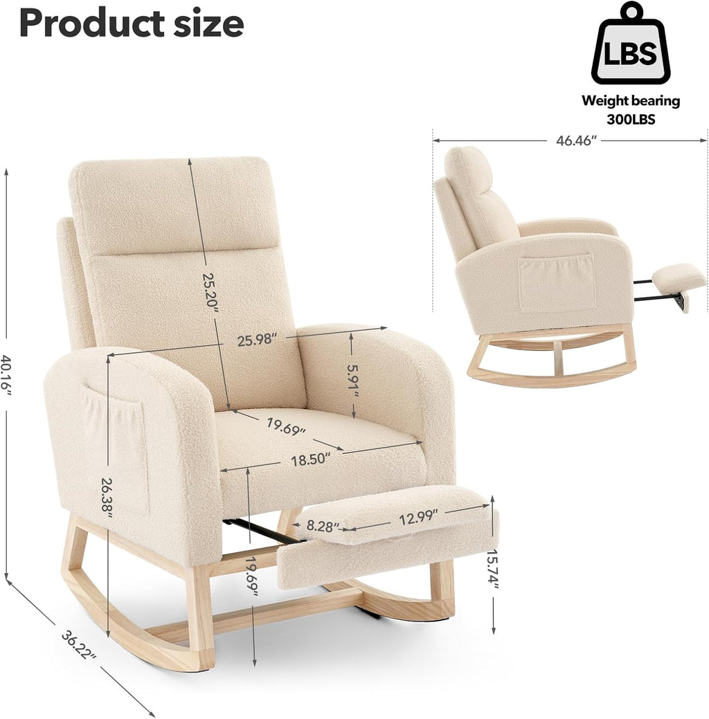 Nursery Rocking Chair with Foot Rest, High Back Upholstered Glider Rocker Chair, Solid Wood Base Lounge Chair for Mom Feeding, Living Room Bedroom Relaxation
