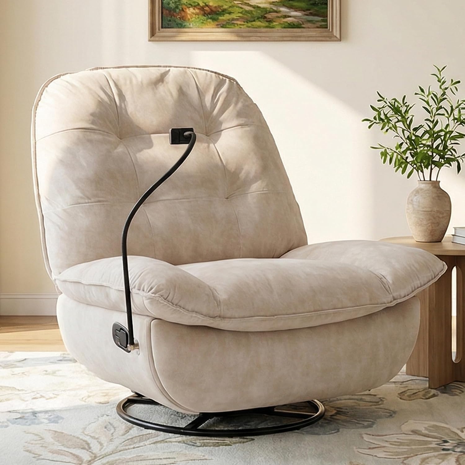 Swivel Rocker Recliner Chair for Adult, Glider Nursery Rocking Chair, Armless Manual Single Recliner Sofa for Living Room, Oversized & Overstuffed, Phone Holder Included, Beige Velvet