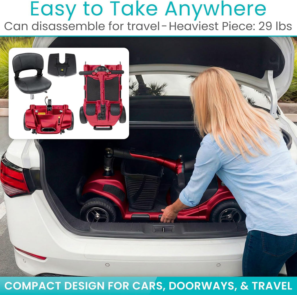 Vive 4 Wheel Mobility Scooter - Electric Powered Wheelchair Device - Compact Heavy Duty Mobile for Travel, Adults, Elderly - Long Range Power Extended Battery with Charger & Basket