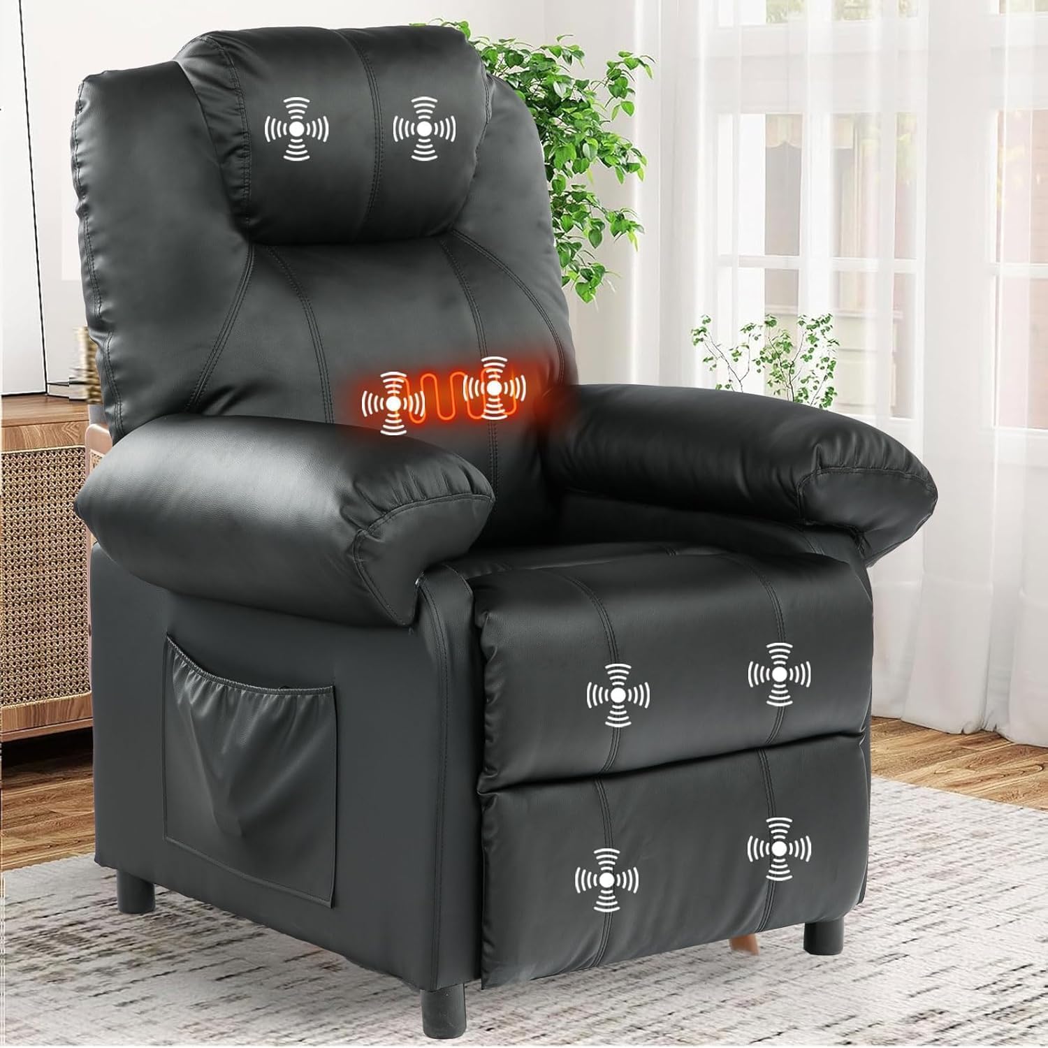 Faux Leather Recliner Chair with Massage and Heat, Mid Century Overstuffed Manual Reclining Chair, Massaging Push Back Recliner Chair Single Sofa for Living Room, Black