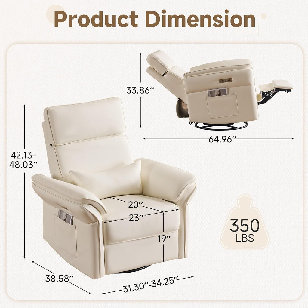 MELLCOM Power Recliner Rocking Chair Nursery Gliders with Adjustable Armrests and Headrest, Swivel Electric Glider Reclining Nursing Chair with Storage Bags and USB Port, FSC Certified(Beige Leather)