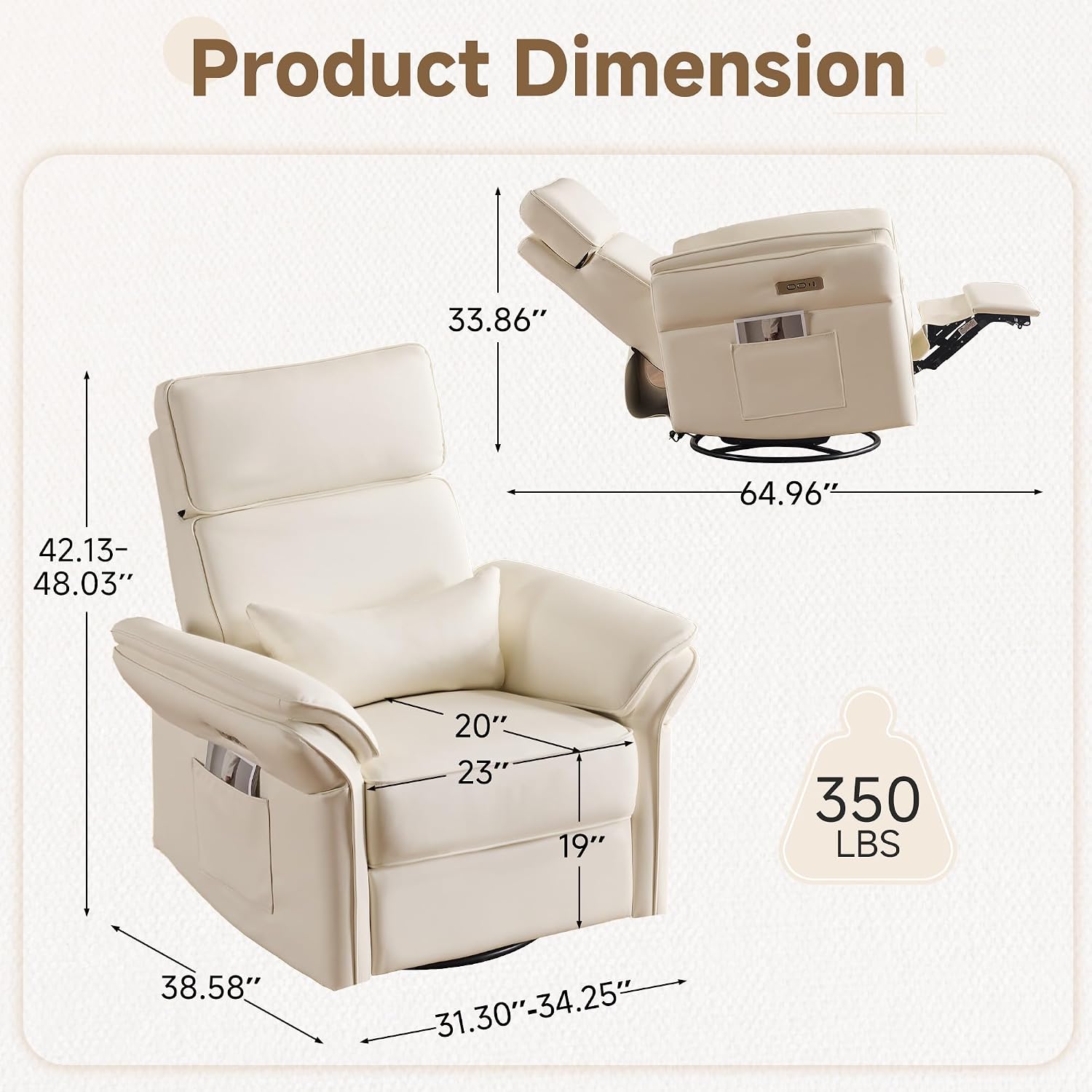 MELLCOM Power Recliner Rocking Chair Nursery Gliders with Adjustable Armrests and Headrest, Swivel Electric Glider Reclining Nursing Chair with Storage Bags and USB Port, FSC Certified(Beige Leather)