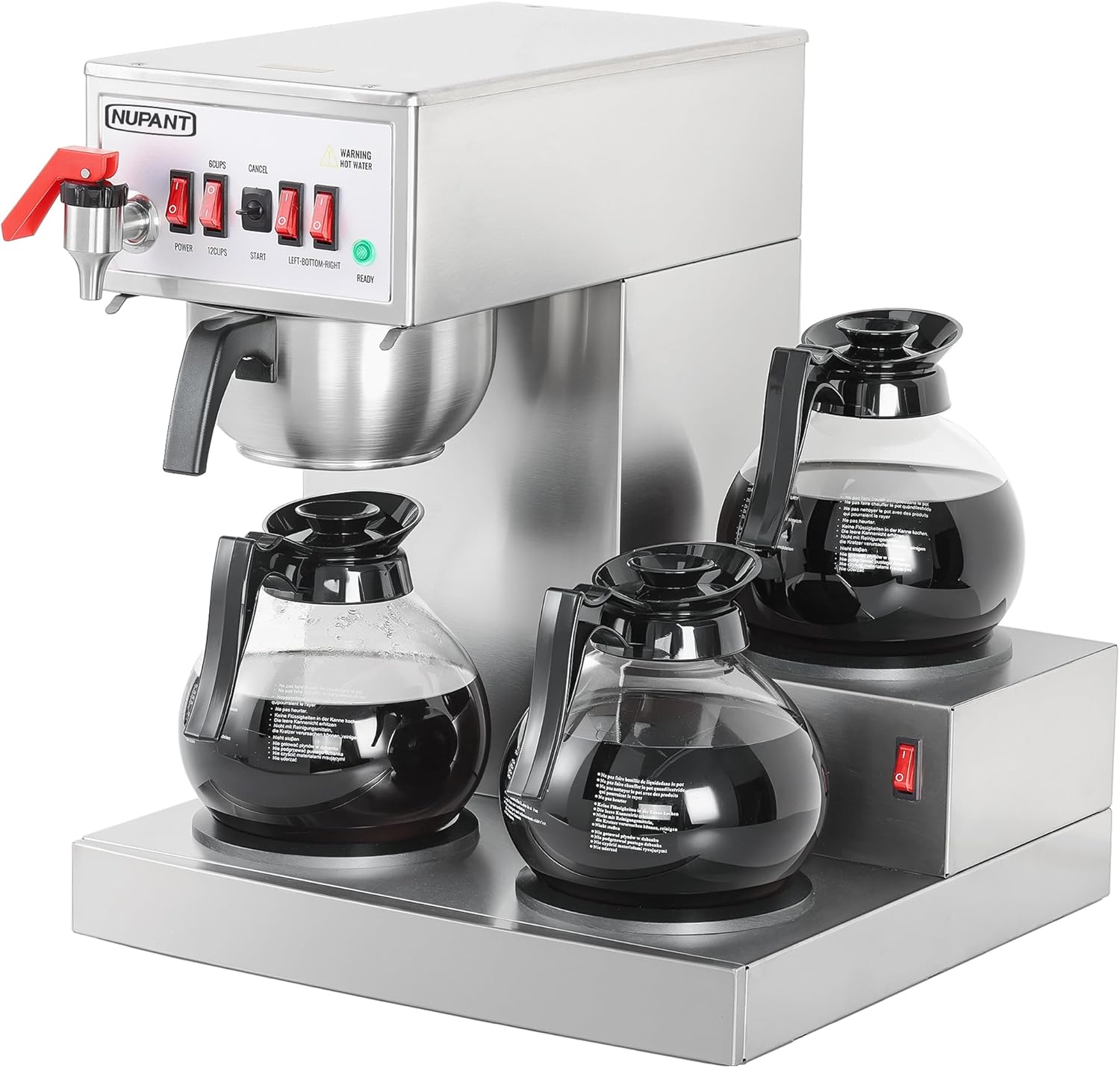 NUPANT 12 Cup Commercial Coffee Maker, Auto Filling Drip Coffee Maker Machine with 3 Glass Carafes 3 Warmers, Stainless Steel Pour Over Coffee Brewer with Hot Water Supply for Restaurant Office Cafe