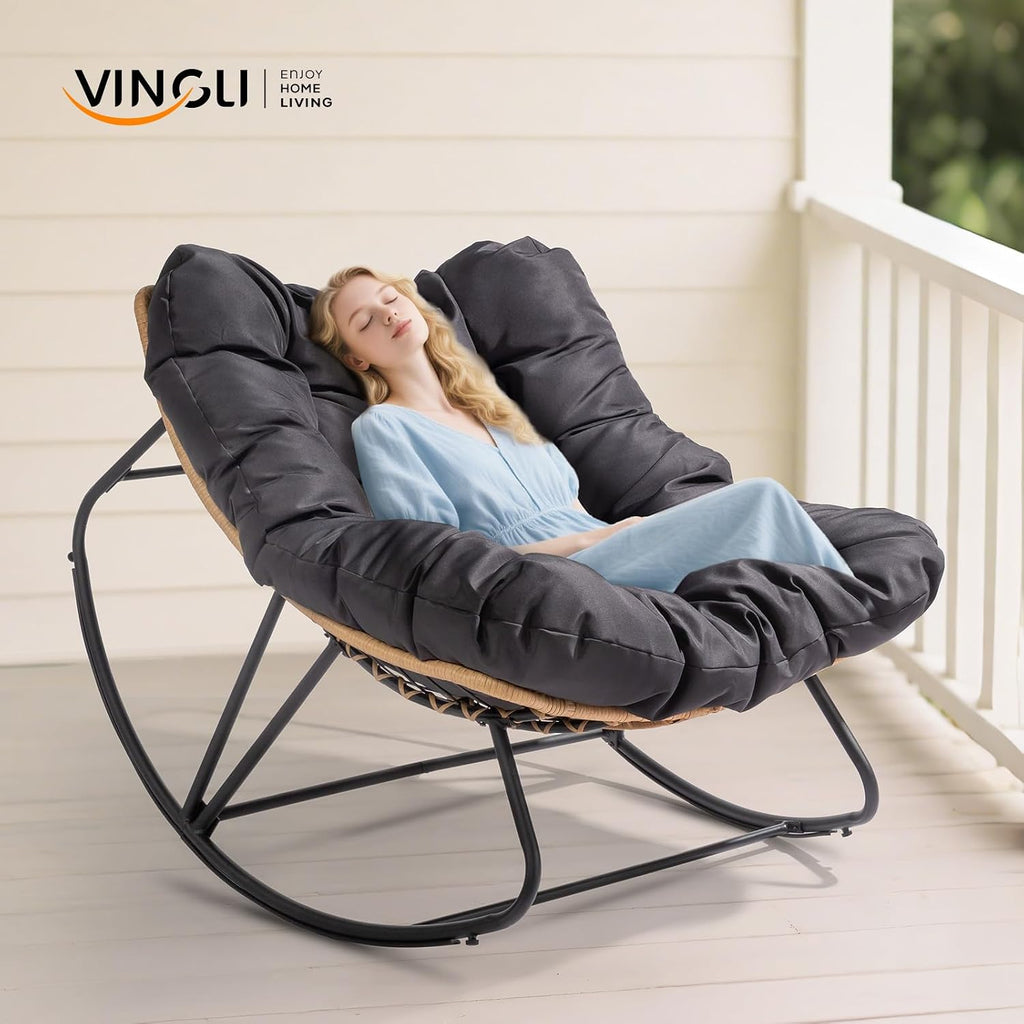 VINGLI Papasan Rocking Chair, Iron Frame Wicker Patio Chair with Thick Cushion, Indoor Outdoor Rocker for Bedroom, Porch, Garden, Grey