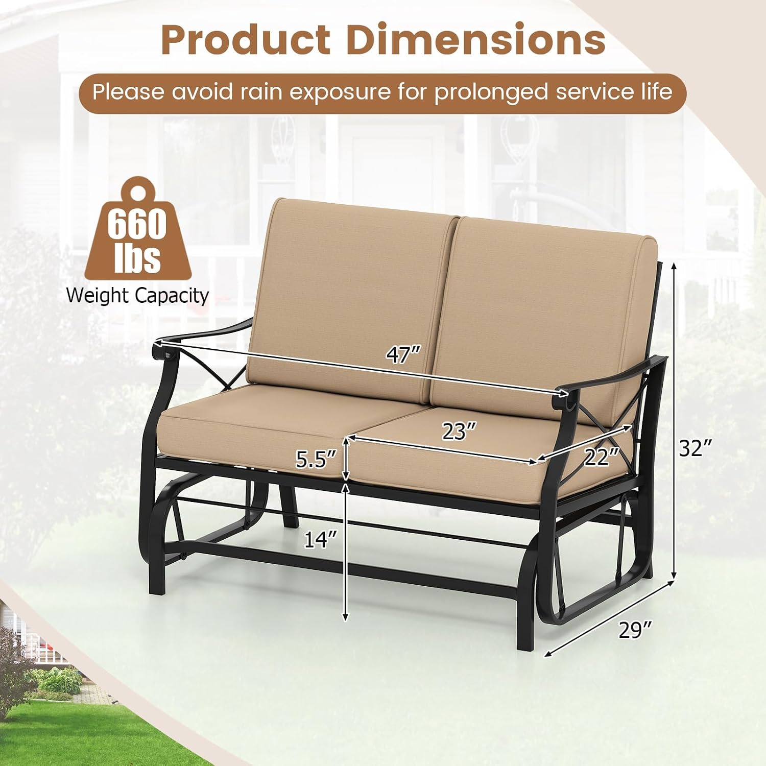 Giantex 2-Person Outdoor Glider, Rocking Chair Loveseat with Detachable Thick Cushions, Metal Frame, 660Lbs Capacity, Outside Swing Chair, Loveseat, Patio Glider Bench for Porch, Garden, Yard (Brown)
