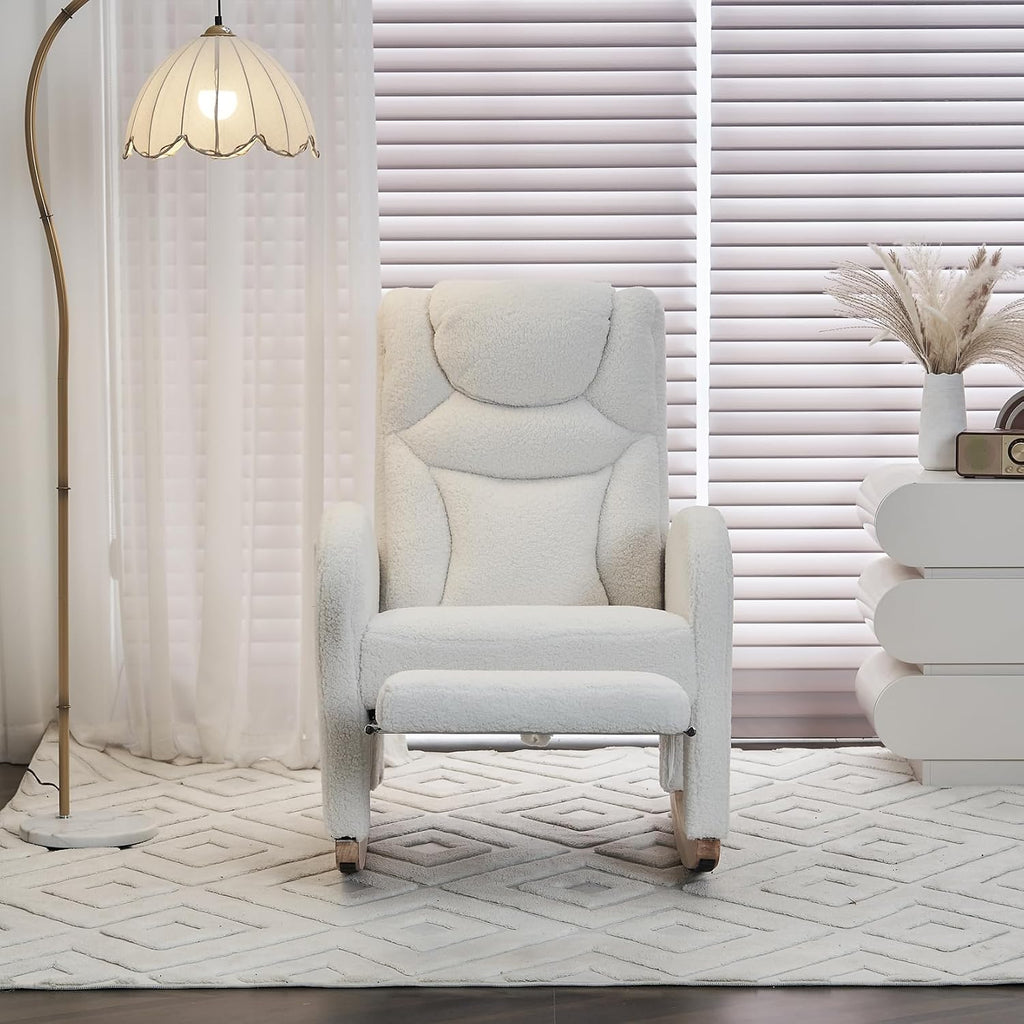 Rocking Chair with Foot Rest, Nursery Glider Teddy Gliding Rocking Chair with Retractable Footrest Rubber Wood Legs Side Pocket High Back & Wide Seat Nursing Chair for Living Room (Ivroy)