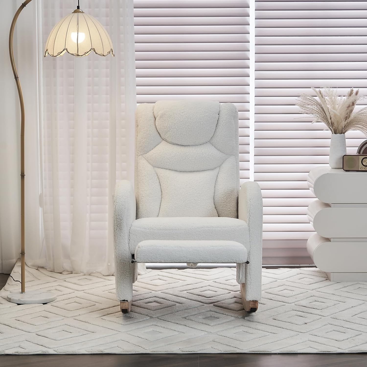 Rocking Chair with Foot Rest, Nursery Glider Teddy Gliding Rocking Chair with Retractable Footrest Rubber Wood Legs Side Pocket High Back & Wide Seat Nursing Chair for Living Room (Ivroy)