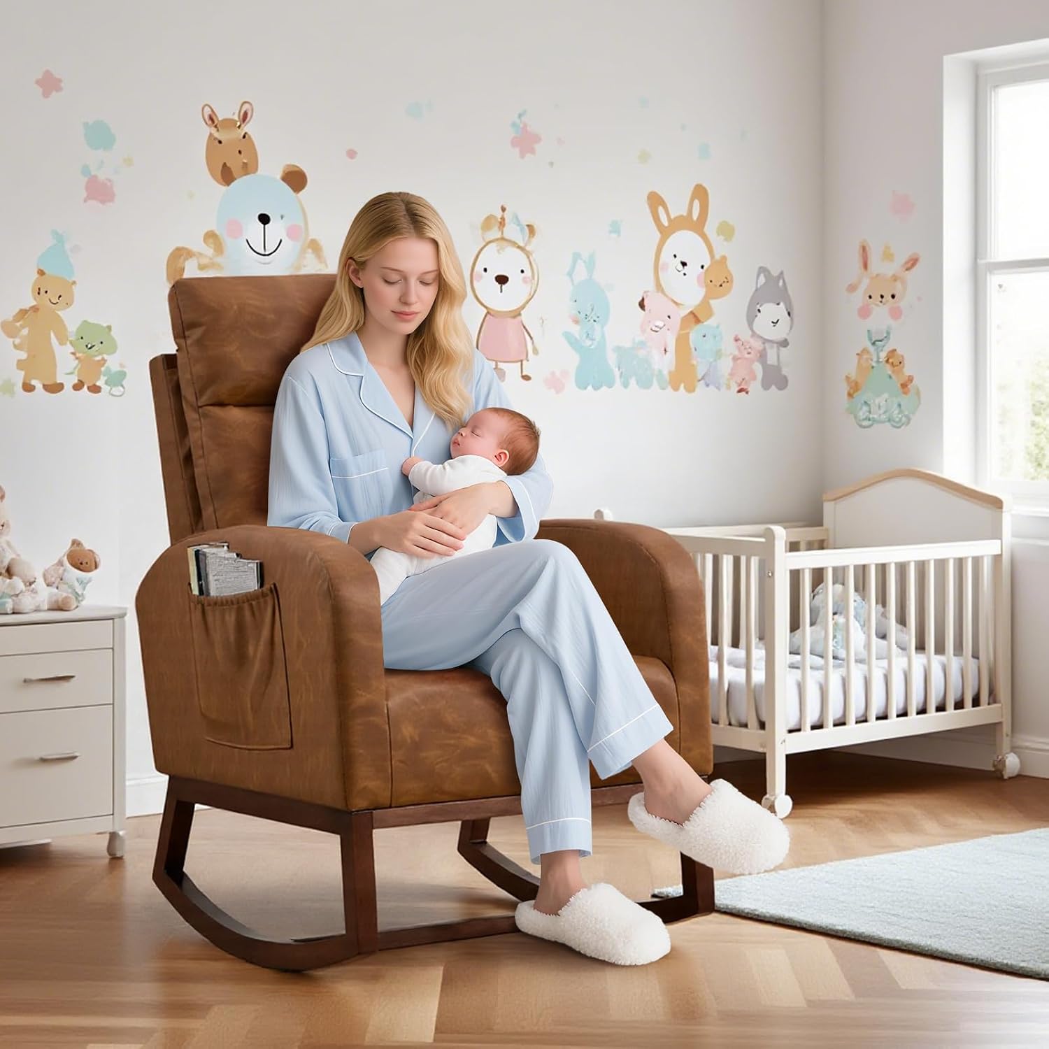 Nursery Rocking Chair, Upholstered Glider Rocker with High Back & Side Pocket, Comfy Nursing Chair for Breastfeeding, Padded Nursery Armchair for Baby Room, Bedroom & Living Room, Vintage Brown