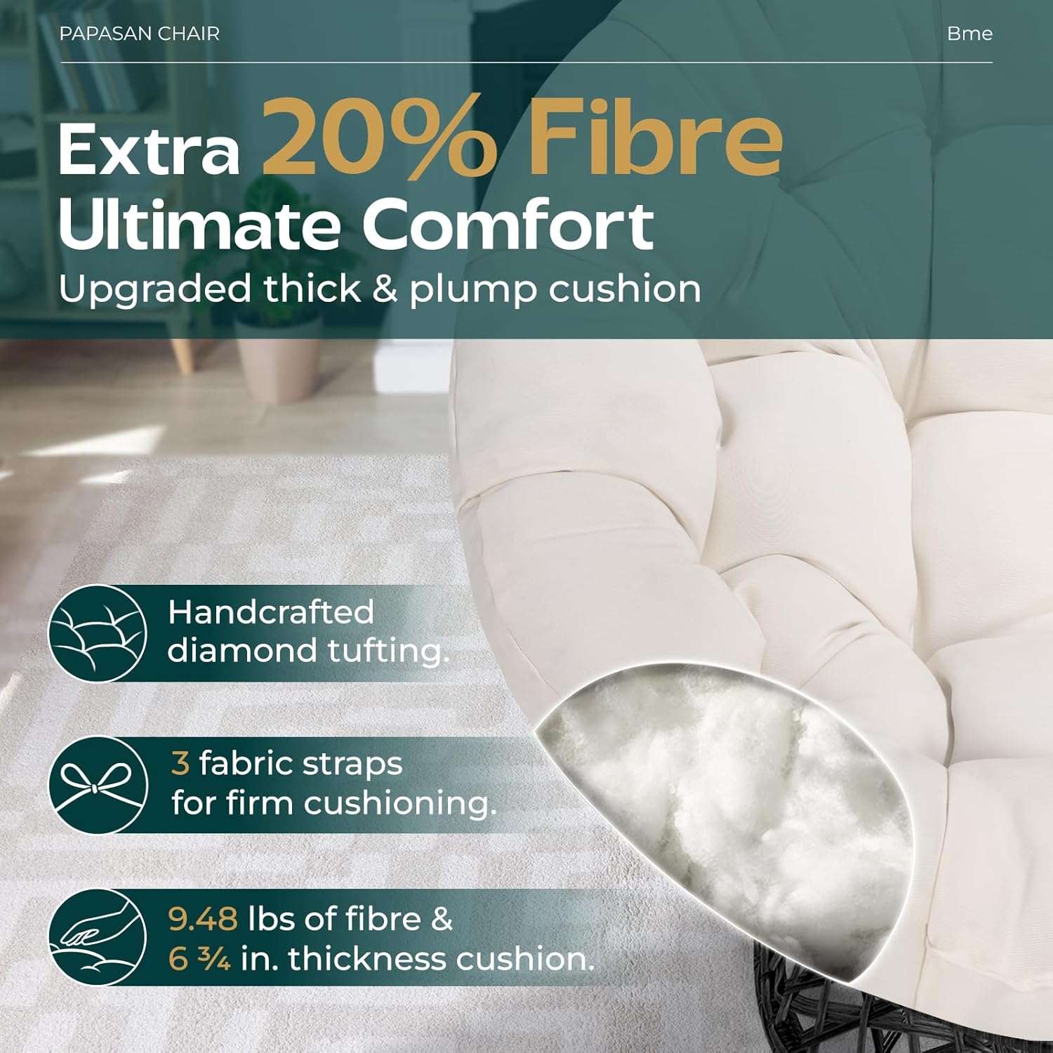 Bme 40' Ergonomic Wicker Papasan Chair with Soft Thick Density Fabric Cushion, High Capacity Steel Frame, 360 Degree Swivel for Living, Bedroom, Reading Room, Lounge