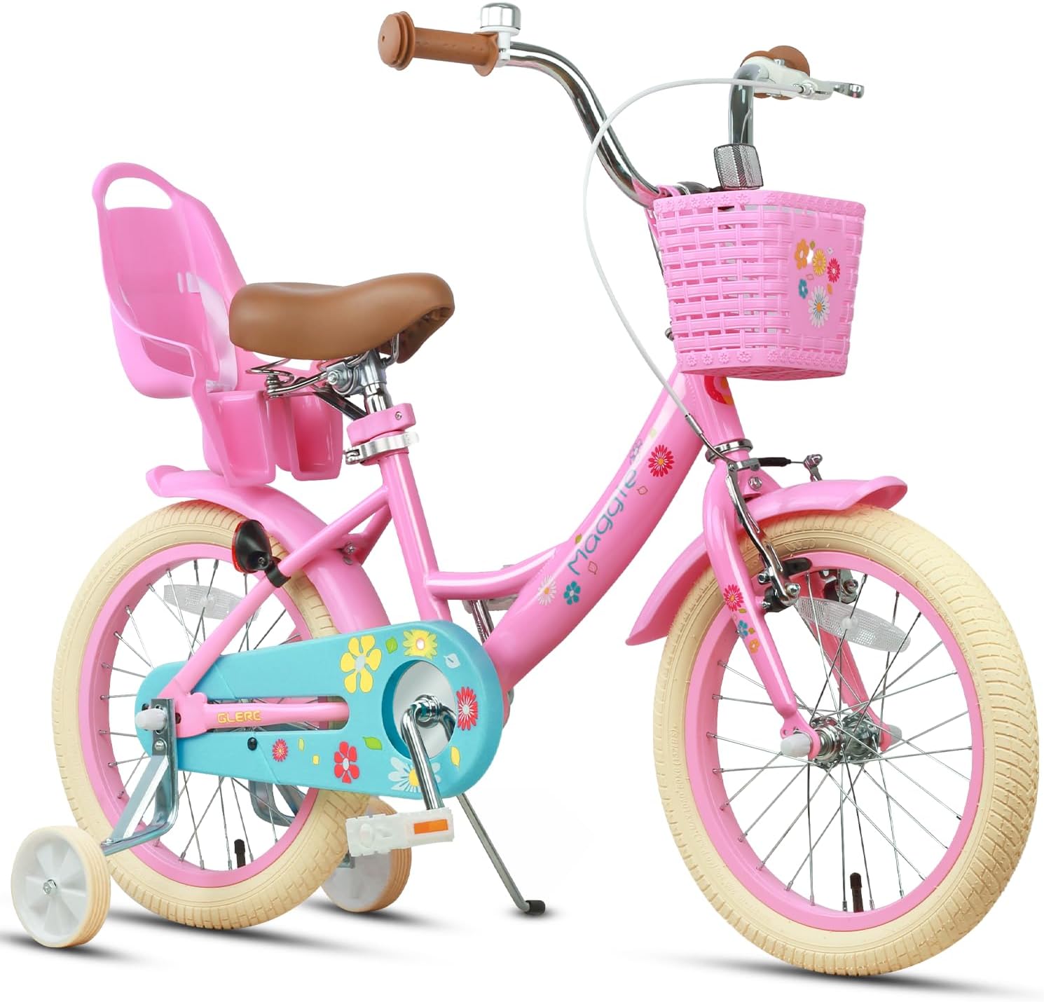 Glerc Maggie Girls Bike, 12-20 Inch Kids Bike for 2-13 Years Old Children, Princess Style Kids Bicycle with Doll-Seat & Basket & Training Wheels, Multiple Colors