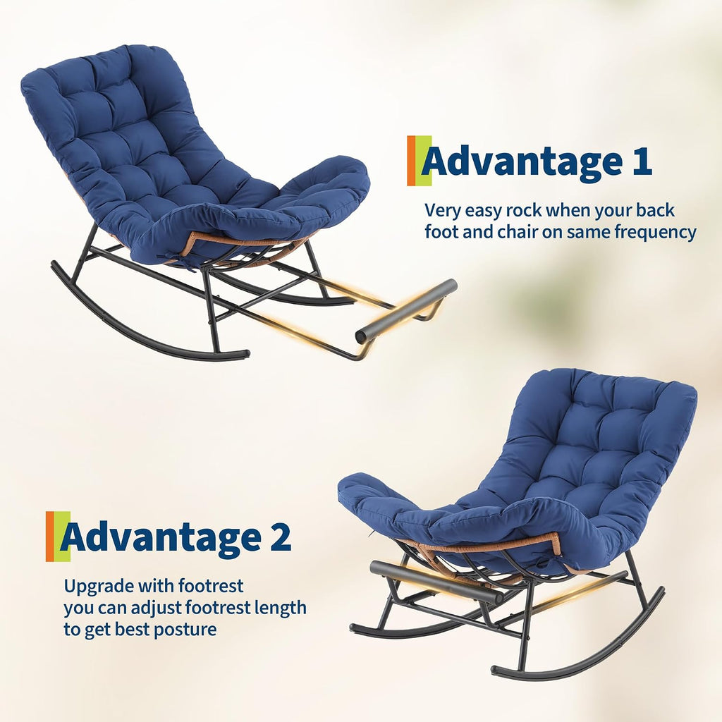 Garvee Outdoor Rocking Chair with Footrest, Oversized Patio Papasan Chairs with Cushion, Modern Lounge Rocker Chair for Indoor Living Room Garden Porch Balcony, Blue
