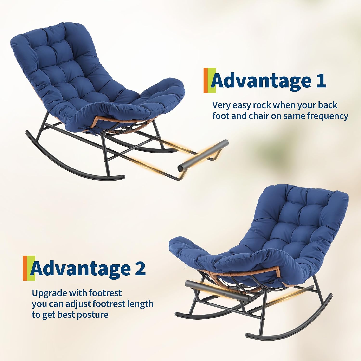 Garvee Outdoor Rocking Chair with Footrest, Oversized Patio Papasan Chairs with Cushion, Modern Lounge Rocker Chair for Indoor Living Room Garden Porch Balcony, Blue