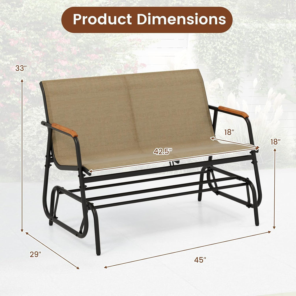 Giantex Patio Glider Bench, 2-Person Swing Gliding Loveseat with Curved Teak Armrests, Fabric Seat, Metal Frame, Load 660lbs, Outdoor Rocking Chair for Porch, Yard, Poolside (29'x45'x33')