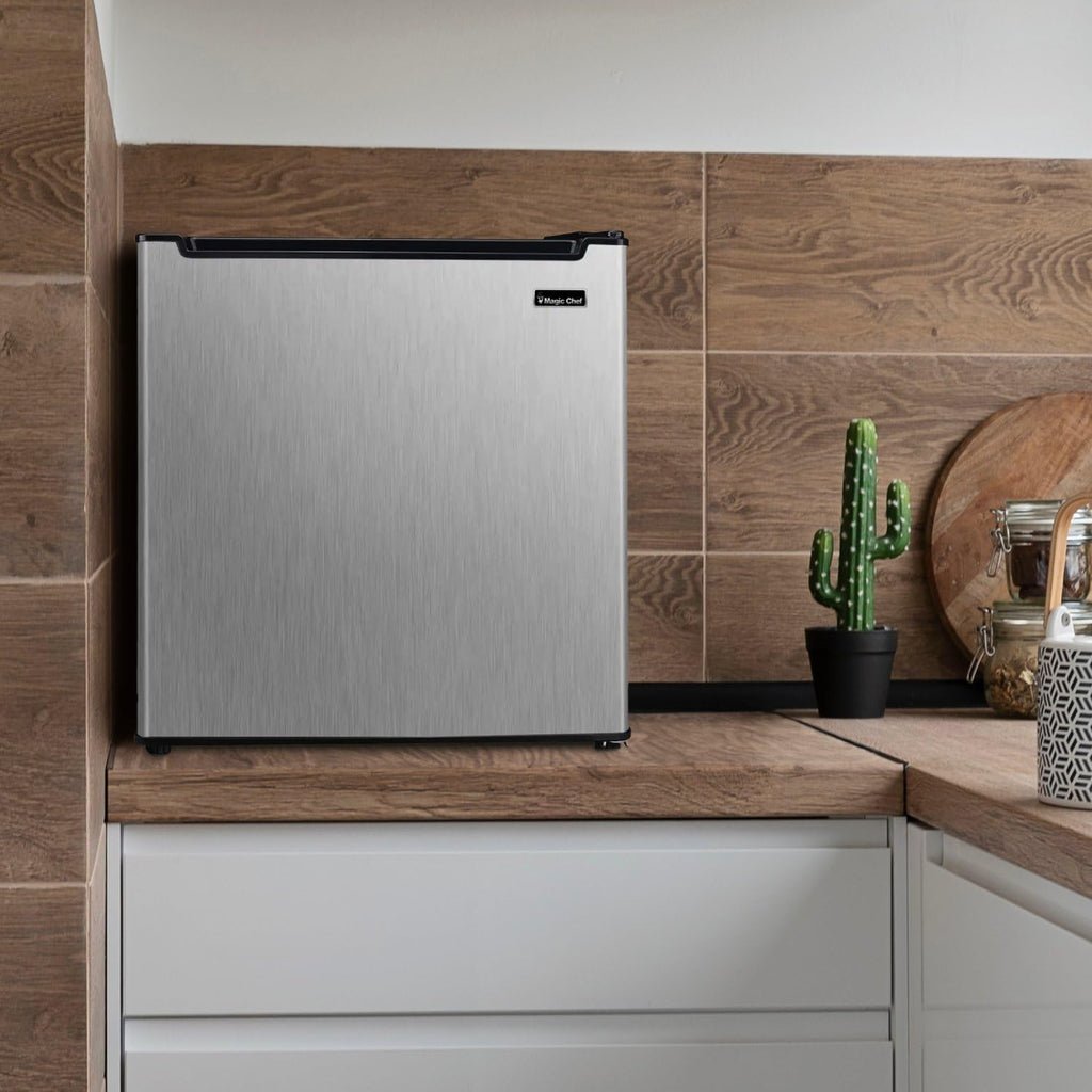 Magic Chef 1.7-cu. ft. Mini Fridge in Stainless Steel, Small Compact All Refrigerator with No Freezer for Bedroom, Apartment, Dorm Room, Office