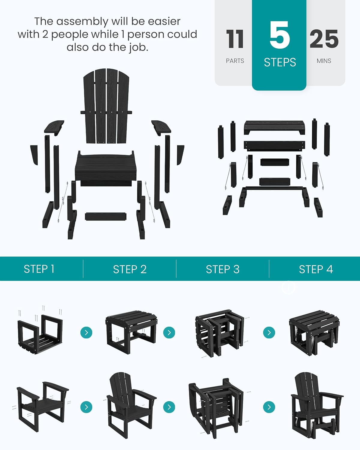 SERWALL Outdoor Glider Chair Set of 2 with Ottoman, HDPE Wood-Like Patio Glider Set All-Weather Porch Glider for Outside, Black
