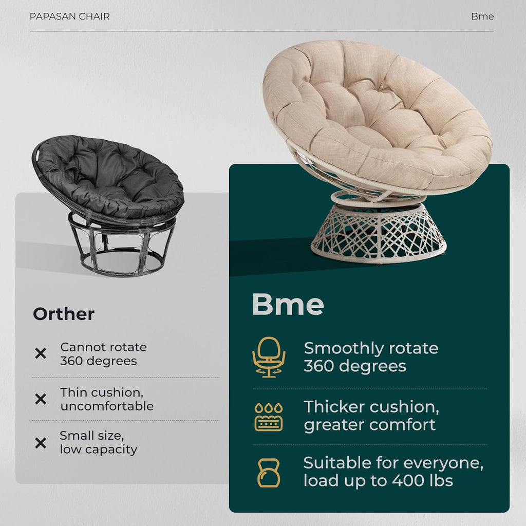 Bme 40' Ergonomic Wicker Papasan Chair with Soft Thick Density Fabric Cushion, High Capacity Steel Frame, 360 Degree Swivel for Living, Bedroom, Reading Room, Lounge