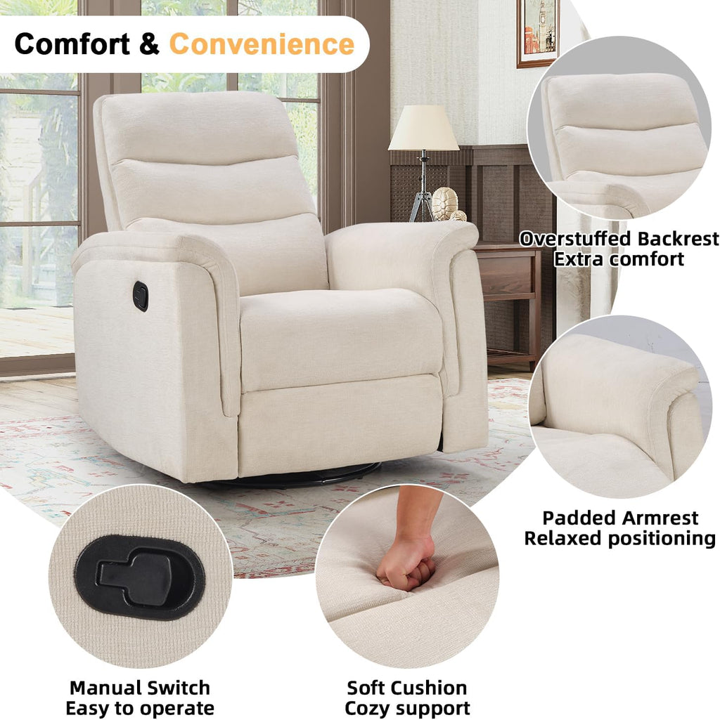 INZOY Swivel Rocker Recliner, Nursery Glider Chair, Manual Chairs Swivel Glider Recliners with Soft Backrest, Fabric Manual Reclining Sofa for Living Room Bedroom Apartment, Beige