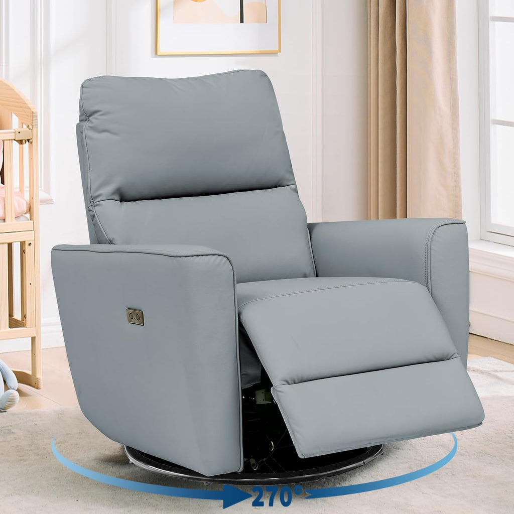 IDEALHOUSE Swivel Rocking Nursery Recliner Chair Rocker Recliner Glider Deep Seat PU Leather Sofa Chair with high Backrest for Nursery, Living Room, Bedroom & Home Movie Theater (Silver)