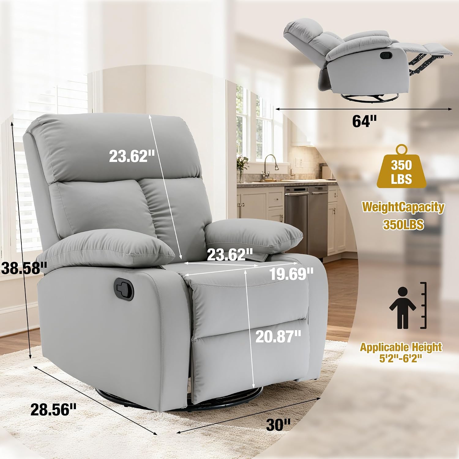 Rocking Recliner, 360° Swivel Recliner Chairs for Adults, Small Rocker Recliners for Small Spaces, Living Room, Bedroom, Nursery, RV, Light Grey
