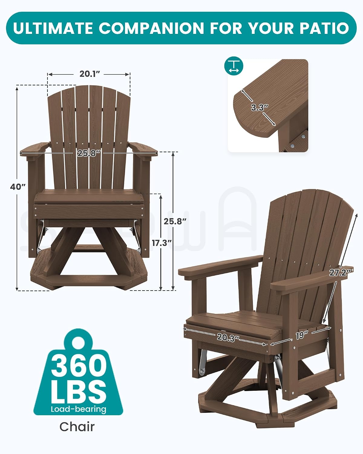 SERWALL Adirondack Swivel Glider, HDPE Glider for Outdoor, All-Weather Glider Rocking Chair for Porch, Balcony, Coffee Brown
