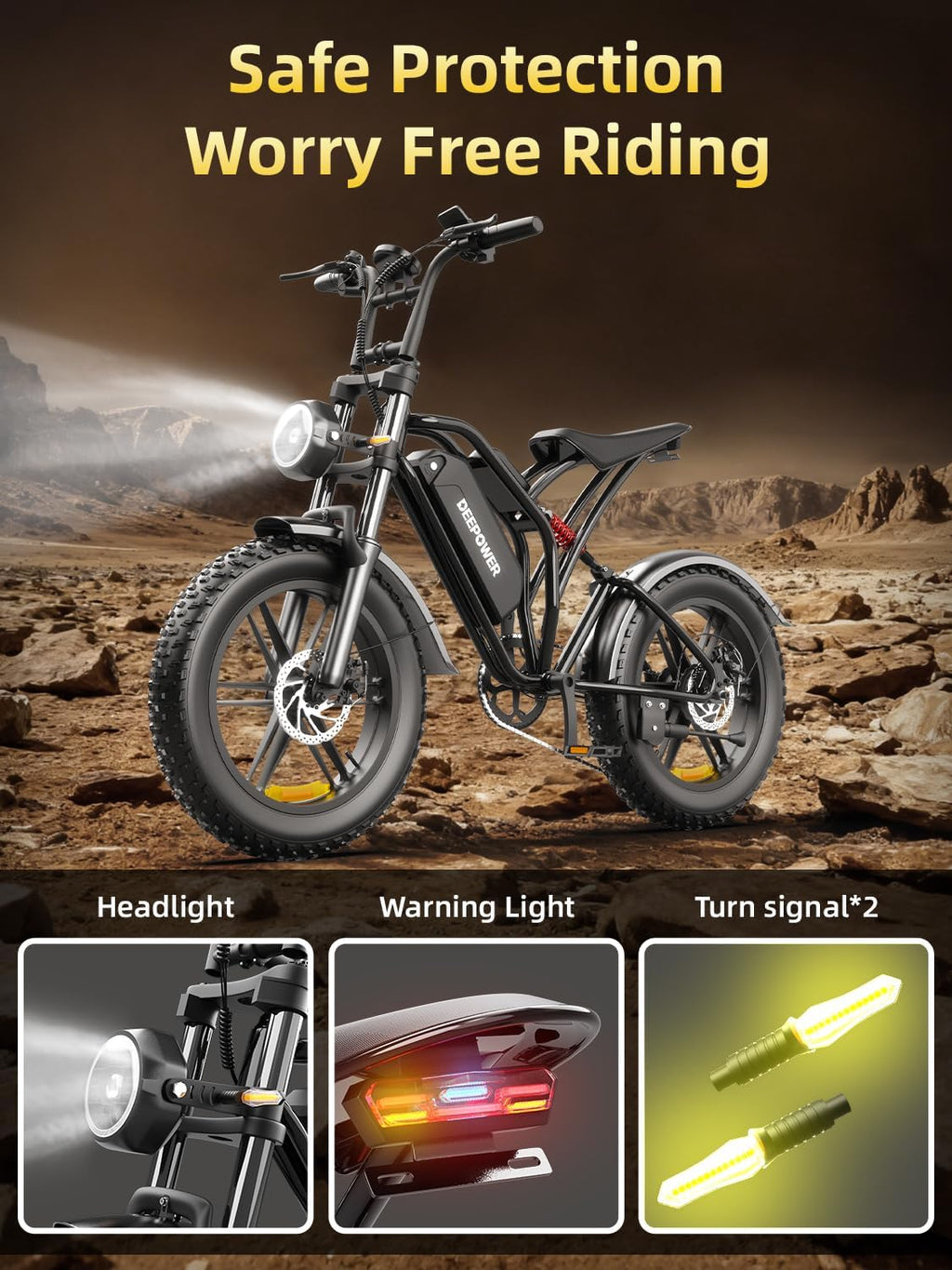 DEEPOWER Electric Bike for Adults,1500W Peak 20' Fat Tire EBike, Up to 32+MPH,60+Miles Max Range, Electric Dirt Bike for Road Sand Mountain Snow - 48V 13AH Battery Powered Electric Motorcycle