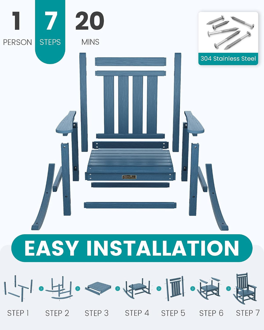 SERWALL SEWALL Oversized Outdoor Rocking Chair with Cushion, Patio Rocking Chairs for Porch, Blue HDPE Rocker+Beige Cushion