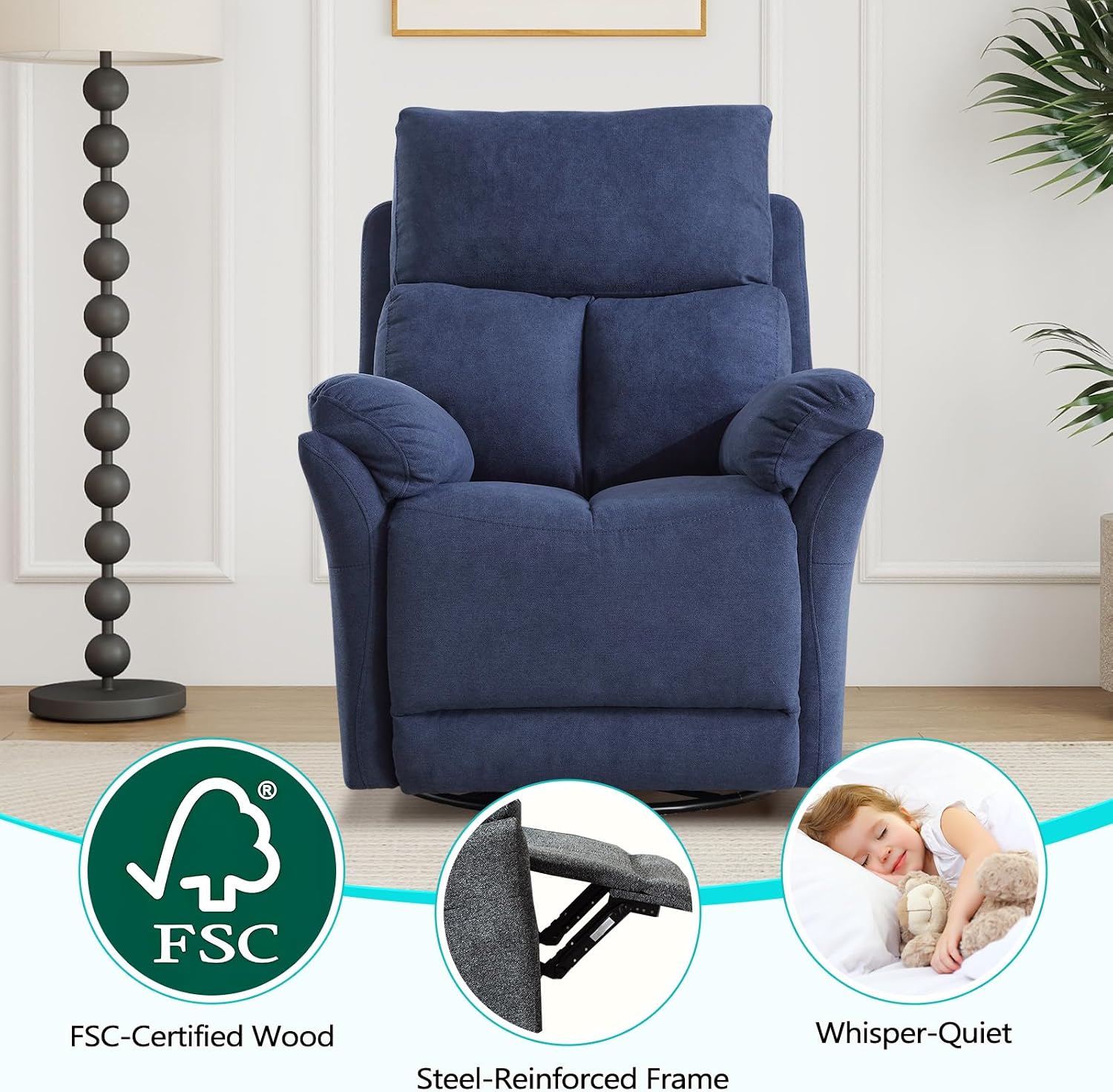 ANJ Swivel Rocker Recliner Chair, Manual Fabric Glider Nursery Recliner Chair, Single Rocking Modern Sofa Home Theater Seating for Living Room, Nursery (Blue)