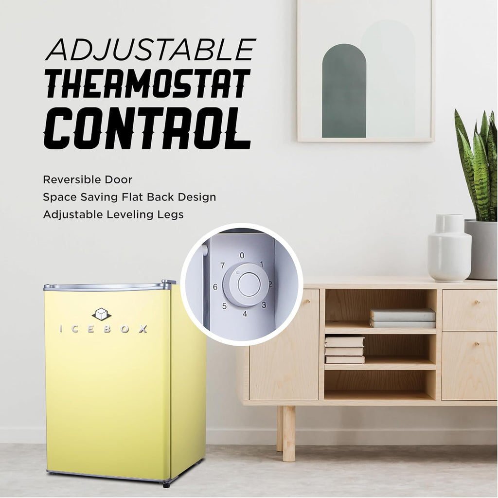 ICEBOX 2.5 Cu. Ft. Compact Refrigerator, ENERGY STAR Certified Small Refrigerator, Single Door Mini Fridge with Chiller Compartment, R600a Refrigerant, IBCR25SUN, Sun Yellow