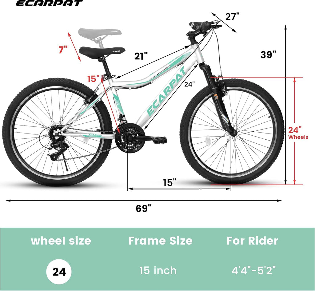 Ecarpat 24 26 Inch Women Girls Mountain Bike, Disc/V Brakes 21 Speeds Women Bike, Sturdy Steel Frame and Suspension Fork, Stylish Adult and Teens Bicycle for Urban Trail Snow Commuter