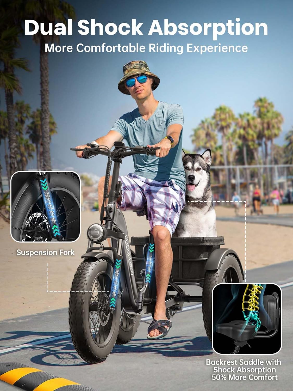 PUCKIPUPPY Electric Tricycle for Adult with 48V 17.4AH Cell Battery, 60 Miles Range Pickup Class Trike, 500 Lbs Load Electric Trike with Rear Differential and 20' Fat Tires, 960W Peak Motor, Husky