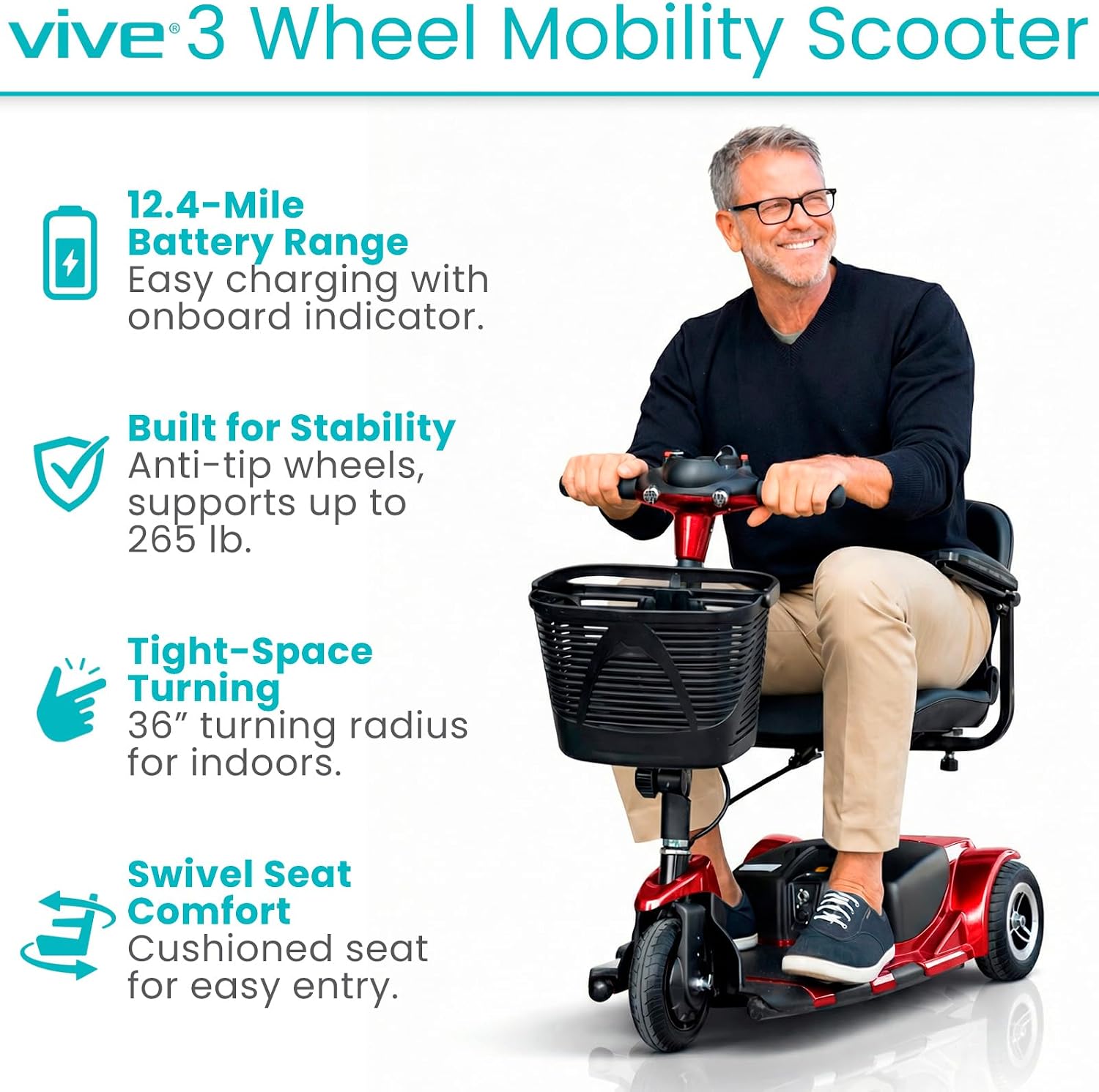 Vive 3 Wheel Mobility Scooter - Electric Powered Mobile Wheelchair Device for Adults - Folding, Collapsible and Compact for Travel - Long Range Power Extended Battery with Charger and Basket Included