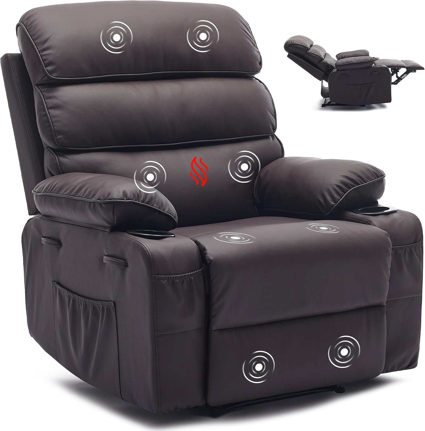 PU Leather Extra Wide Manual Recliner for Adults with Massage and Heat, Large Lazy Chair with 1.5X Sponge Comfort Arm and Back for Living Room, Bedroom