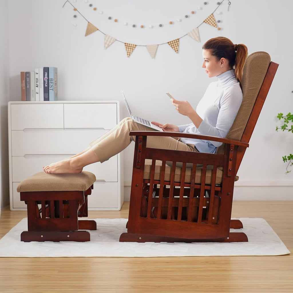 Glider with Ottoman Smooth Glider Rocking Chair, Nursery Glider with Ottoman Smooth Rocking Motion, Solid Hardwood Base, Easy Assembly for Living Room Bedroom (Brown)