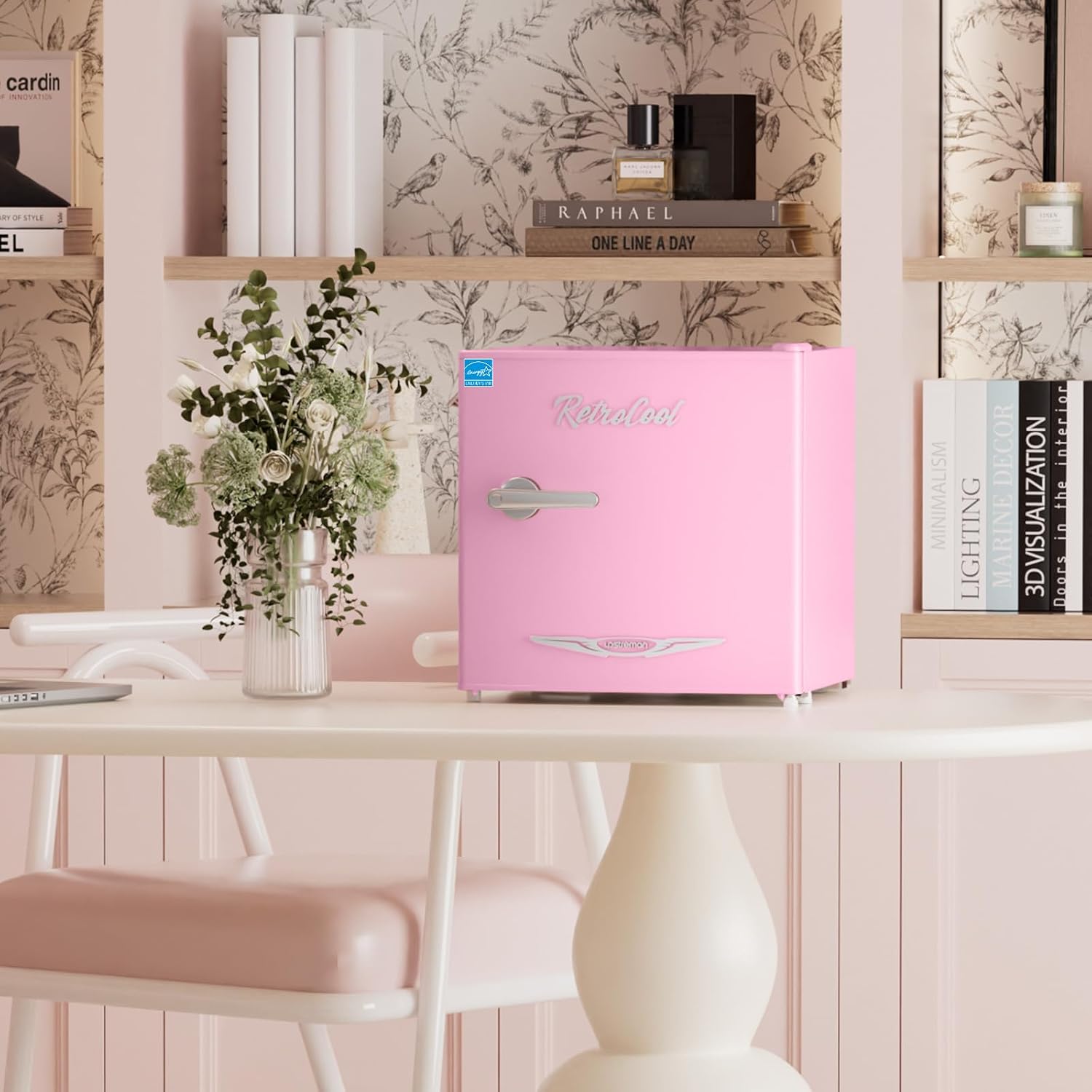Upstreman 1.7 Cu.Ft Retro Mini Fridge, Low Noise, Energy Saving, Adjustable Thermostat, Single Door, Side Bottle Opener, Metal Handle, Compact Refrigerator for Office, Bedroom, Dorm-FR17 PRO (Pink)