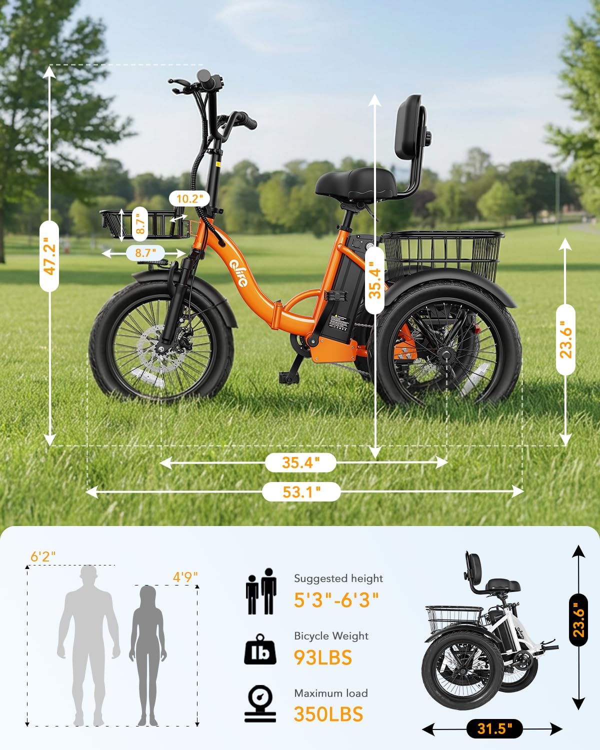 Qlife Triker Electric Bike, Peak 1200W Brushless Motor Folding Trike Ebike, 499Wh Removable Battery, Step-Thru 3 Wheel Electric Bicycle, Up to 55 Miles, 18 Tire Tricycle for Adults