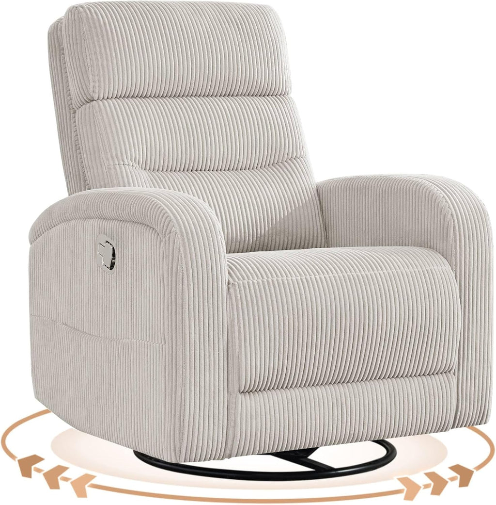 Swivel Rocker Recliner Glider Rocking Chair for Nursery, Corduroy Recliner with Chunky Cushion, Manual Swivel Recliner Chair for Living Room, Bedroom, Nursery(Camel)