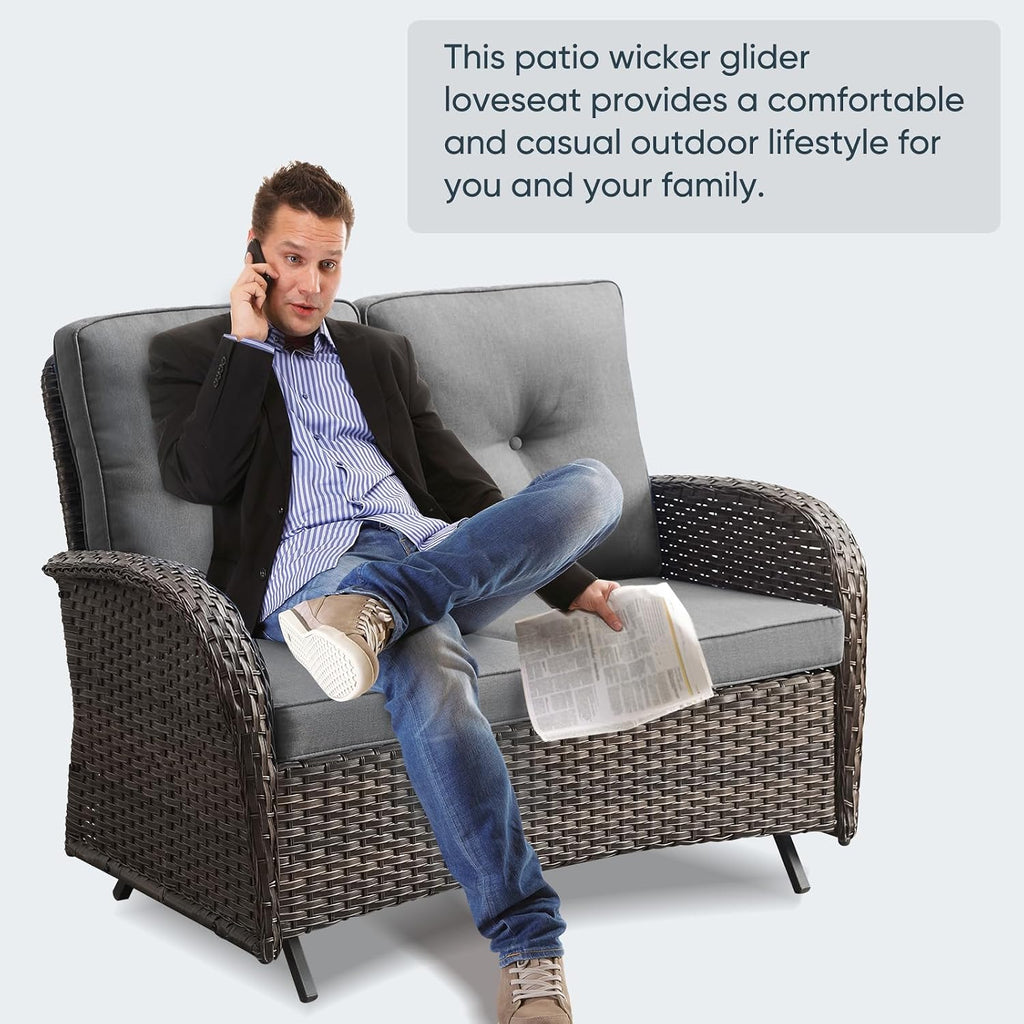 Belord 6 Piece Patio Conversation Sets - Wicker Patio Furniture Sets with Outdoor Swivel Rocker Chairs, Glider Loveseat Perfect for Patio Deck Backyard, Brown Wicker Grey Cushion