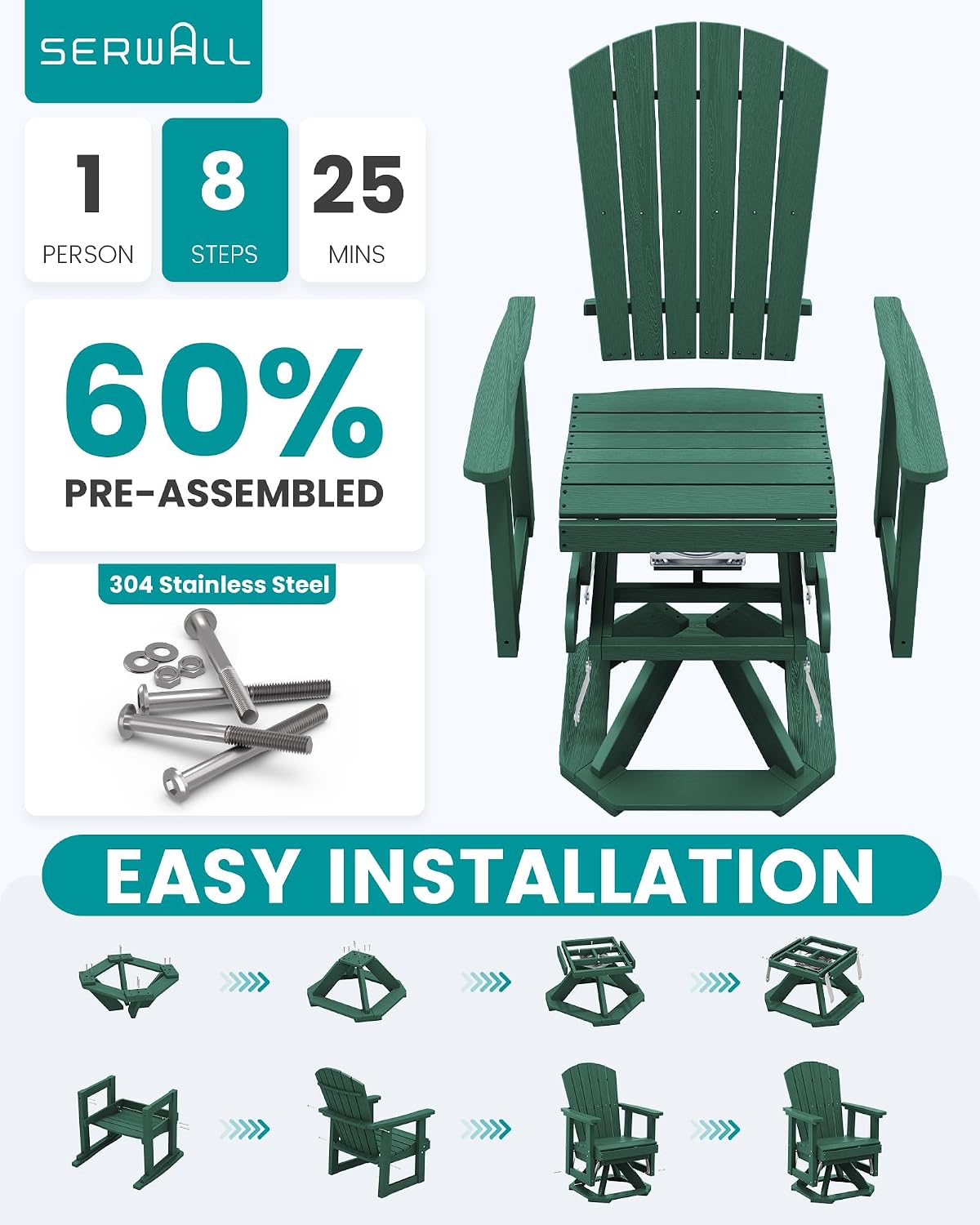 SERWALL Adirondack Swivel Glider Chair, HDPE Patio Glider Set of 2, All-Weather Glider Chair for Porch, Balcony, Green