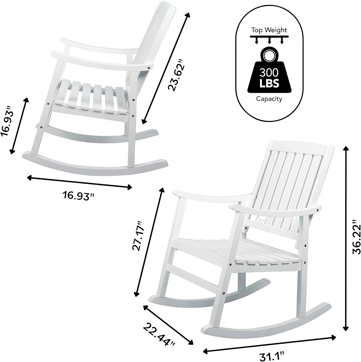 JONATHAN Y RCK102C Penny Classic Slat-Back 300-Lbs Support Acacia Wood Patio Outdoor Rocking Chair for Garden, Lawn, Backyard, Pool, Deck, Beach, Firepit, White