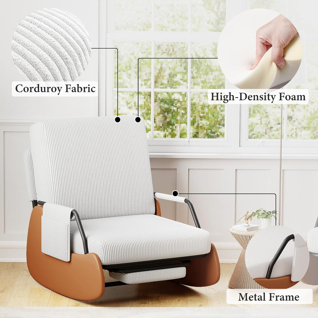 Furniliving Modern Glider Rocking Chair, Upholstered Nursery Glider Chair with Adjustable Recline & Retractable Footrest, Comfortable Lounge Chair for Mom Nursery Living Room Bedroom White