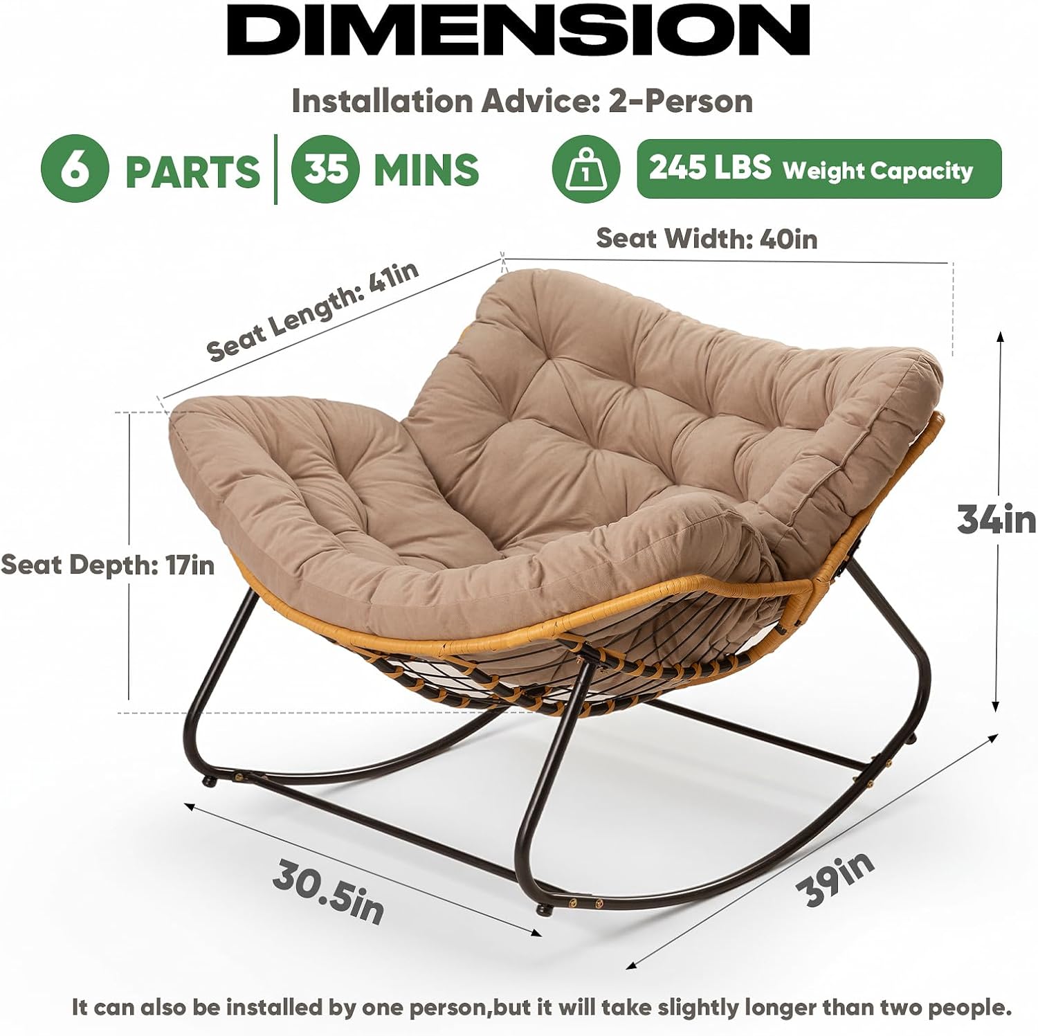 Papasan Chair with Cushion, Oversized Outdoor Rocking Chair, Patio Egg Chair Outdoor, Wicker Modern Cozy Comfy Chair for Bedroom, Living Room, Garden, Balcony, Lawn, Light Brown